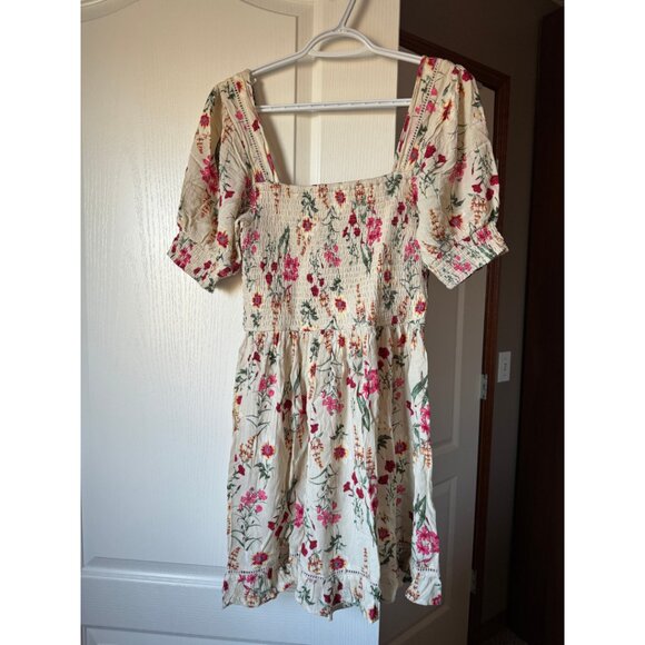 Square Neck Puff Short Sleeve Dress with Cottage Floral Print - Picture 2 of 2